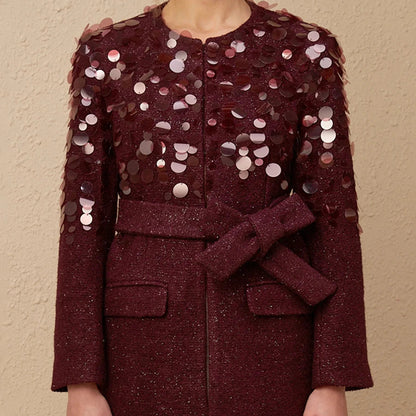 Sequined Patchwork Belted Jacket for Women