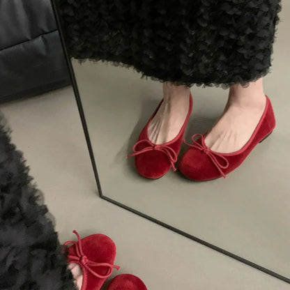 Red Bow Flat Shoes with Bow Detail