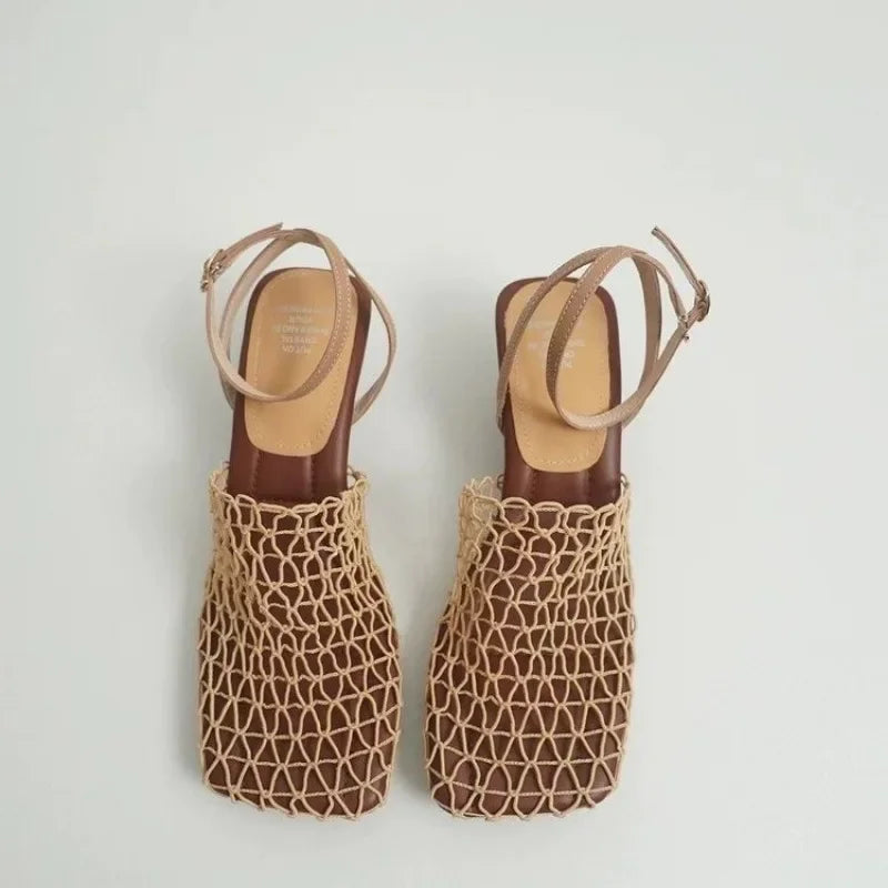 2024 Summer Luxury Designer Sandals with Lace Mesh and Braided High Heels