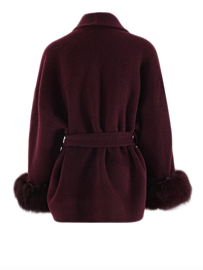 Wine Red Belted Wool Coat