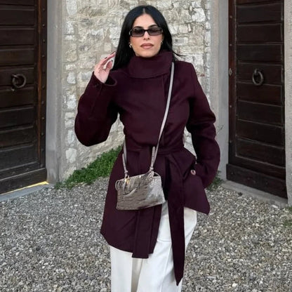 Burgundy Lace-Up Wool Coat - Stylish Women’s Wool Outerwear with Lace-Up Detail for Winter