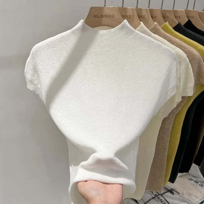 Semi-High Neck Knit Sleeveless Top for Women