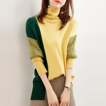 Korean Patchwork Turtleneck Sweater - Loose Knitting Autumn Winter Bottoming Shirt for Women