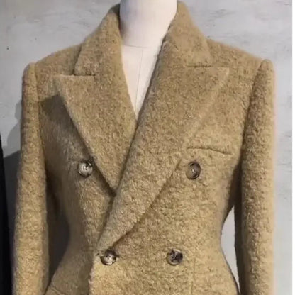 Elegant Quilted Tweed Coat - Light Luxury Women’s Light-Tan Suit Collar Long Autumn Outerwear 2023