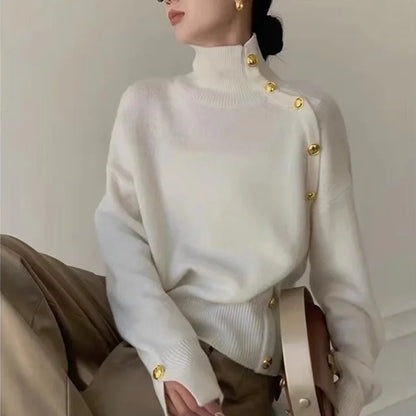 White Polo Turtle Neck Sweater - Women's High-End Wool Knitted Top for Autumn/Winter Comfort