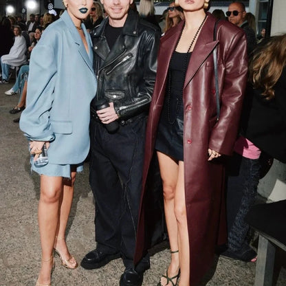 Elegant Burgundy Leather Overcoat – Stylish and Sophisticated Women’s Leather Outerwear