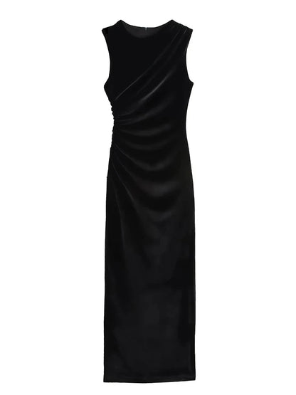 Velvet Ruched Midi Dress - Bodycon Sleeveless Long Dress for Autumn Parties and Special Occasions