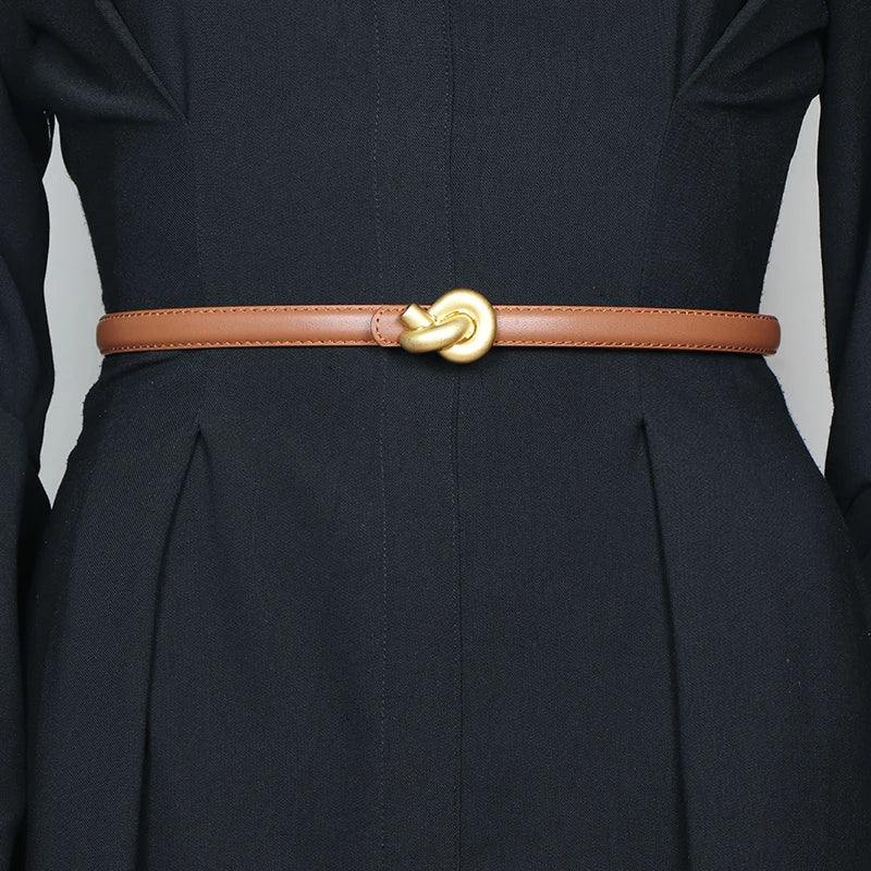 Genuine Leather Fashion Belt - High-Quality Metal Knot Buckle Waistband for Dress and Jeans