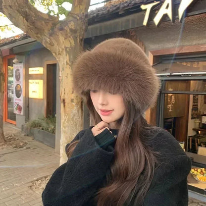Women's Winter Fur Cap - Plush Fluffy Bomber Style Hat for Skiing and Ear Protection