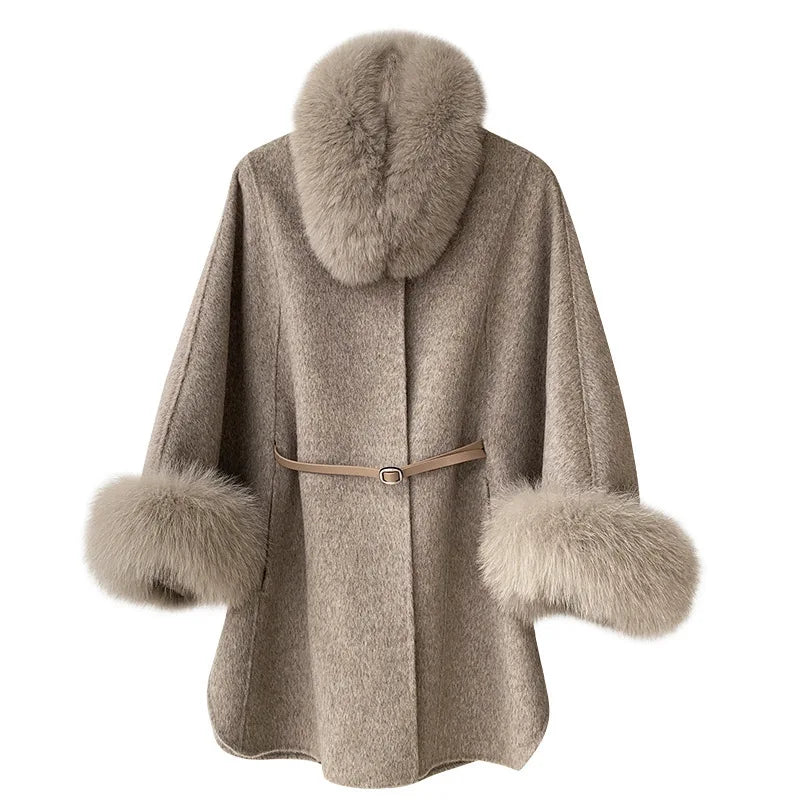 Elegant Women’s Fox Fur Wool Cape Shawl with Luxurious Fur Trim