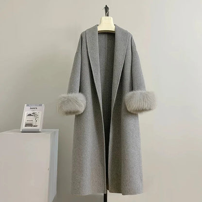 Elegant Women’s Woolen Coat with Belt and Fur Patchwork - European Style Winter Outerwear
