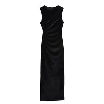 Velvet Ruched Midi Dress - Bodycon Sleeveless Long Dress for Autumn Parties and Special Occasions