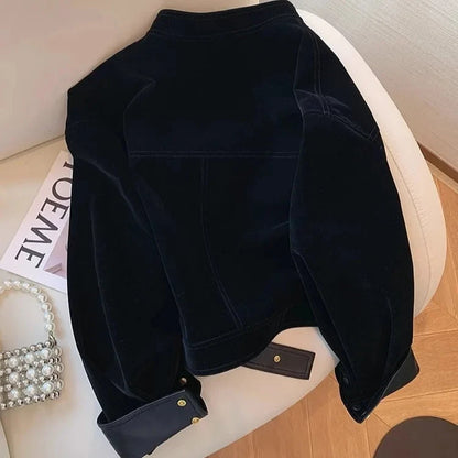 American Retro Velvet Jacket - Women’s Zipper Outerwear with Vintage Charm and Luxurious Velvet Finish
