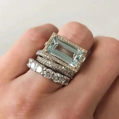 Blue Zircon Three-Piece Ring Set - Elegant Women’s Luxury Gemstone Rings with Blue Zircon Stones