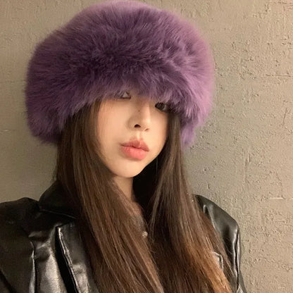 Women's Winter Fur Cap - Plush Fluffy Bomber Style Hat for Skiing and Ear Protection