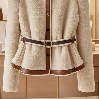 Winter Fashion Leather Patchwork Lambswool Coat - Stylish Women’s Single-Breasted Coat with Belt and Long Sleeves for Winter