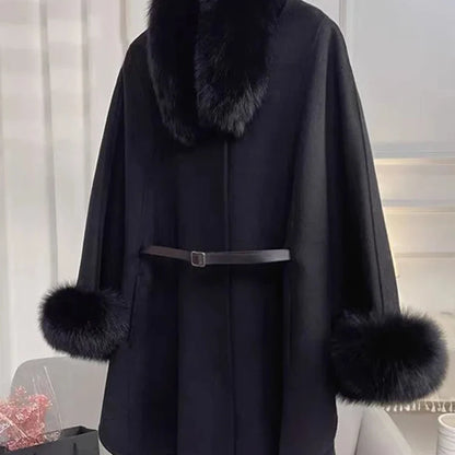 Elegant Women’s Fox Fur Wool Cape Shawl with Luxurious Fur Trim