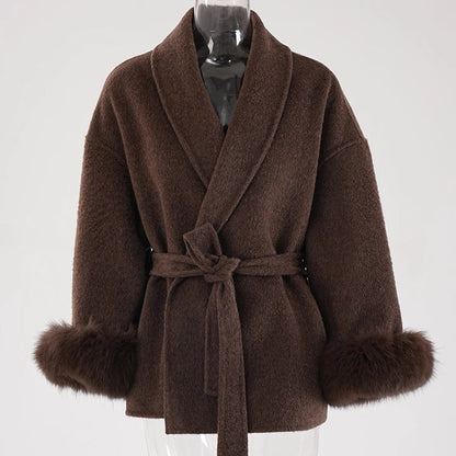 Elegant Women’s Woolen Coat with Belt and Fur Patchwork - European Style Winter Outerwear