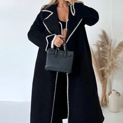 Vintage Patchwork Loose Long Coat - Elegant Women’s Autumn and Winter Coat with Turn-Down Collar and Pockets