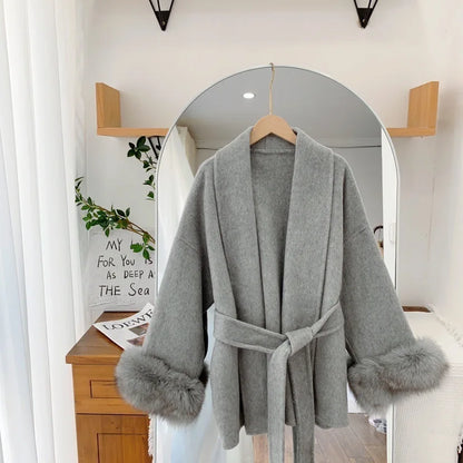 Elegant Women’s Woolen Coat with Belt and Fur Patchwork - European Style Winter Outerwear