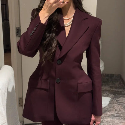Burgundy Lapel Suit Jacket - Elegant Women’s Formal Blazer Jacket for Professional and Stylish Looks