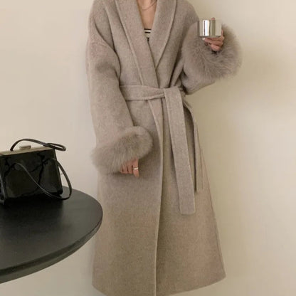 Elegant Women’s Woolen Coat with Belt and Fur Patchwork - European Style Winter Outerwear