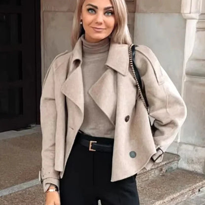 Solid Wool Cropped Coat for Women