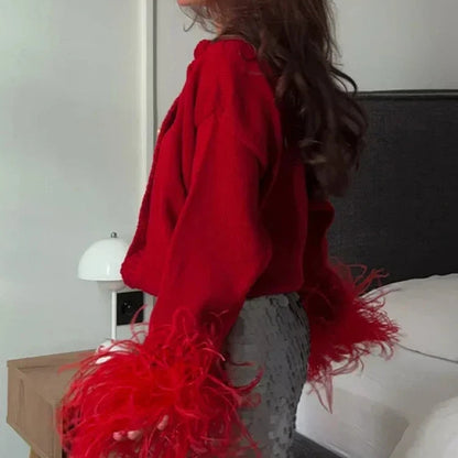 Chic Feather Patchwork Knit Cardigan – Cozy and Stylish Women’s Sweater for Fall & Winter