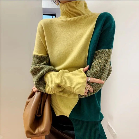 Korean Patchwork Turtleneck Sweater - Loose Knitting Autumn Winter Bottoming Shirt for Women