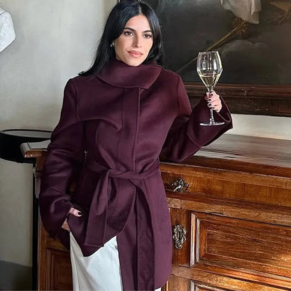 Burgundy Lace-Up Wool Coat - Stylish Women’s Wool Outerwear with Lace-Up Detail for Winter