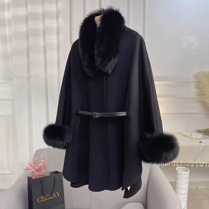 Elegant Women’s Fox Fur Wool Cape Shawl with Luxurious Fur Trim