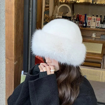 Women's Winter Fur Cap - Plush Fluffy Bomber Style Hat for Skiing and Ear Protection
