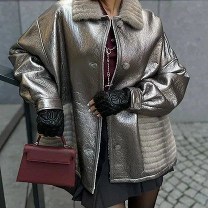 Shiny Fur Leather Coat for Women