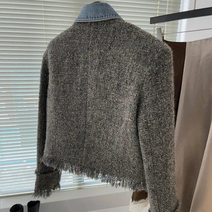 Chic Denim Patchwork Jacket - Retro Women’s Short Coat with Tassel Details and Turn Down Collar for Autumn Fashion