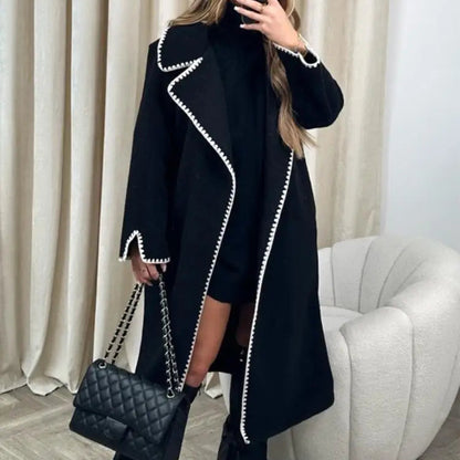 Vintage Patchwork Loose Long Coat - Elegant Women’s Autumn and Winter Coat with Turn-Down Collar and Pockets