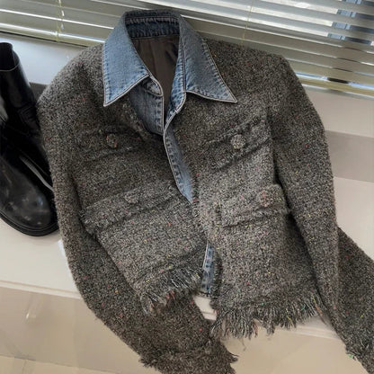 Chic Denim Patchwork Jacket - Retro Women’s Short Coat with Tassel Details and Turn Down Collar for Autumn Fashion