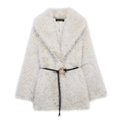 Luxury Faux Fur Coat - Vintage Lapel Belted Thicken Outerwear for Women, Autumn Winter Fashion 2024