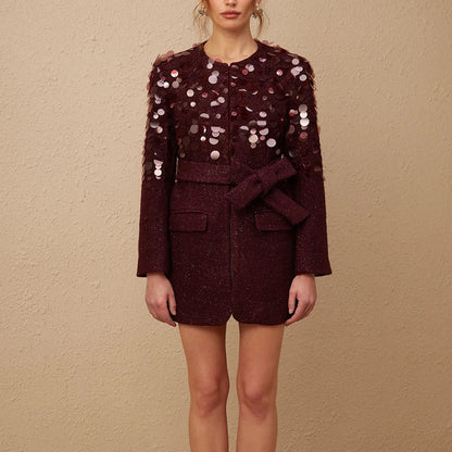 Sequined Patchwork Belted Jacket for Women