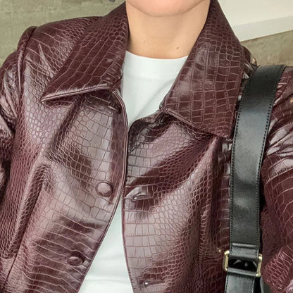 Vintage Snake Skin PU Leather Coat for Women - Elegant Single-Breasted Turn-Down Collar Jacket