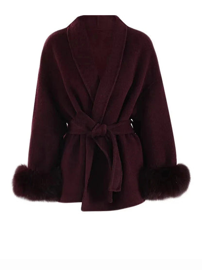 Wine Red Belted Wool Coat