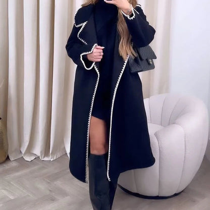 Vintage Patchwork Loose Long Coat - Elegant Women’s Autumn and Winter Coat with Turn-Down Collar and Pockets