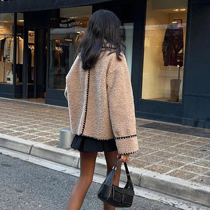 Plush Lapel V Neck Jacket - Casual Loose Fit Autumn Winter Coat with Pockets and Long Sleeves for Women