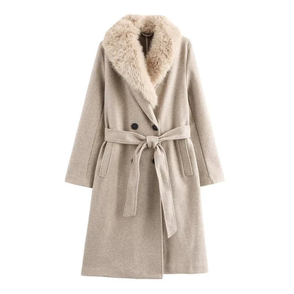 Elegant Fur Lapel Wool Maxi Coat for Women
