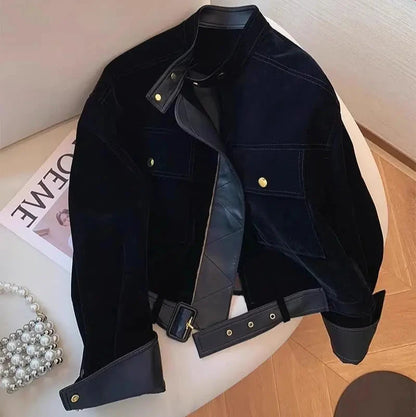 American Retro Velvet Jacket - Women’s Zipper Outerwear with Vintage Charm and Luxurious Velvet Finish