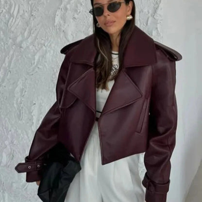 Elegant Burgundy Leather Overcoat – Stylish and Sophisticated Women’s Leather Outerwear