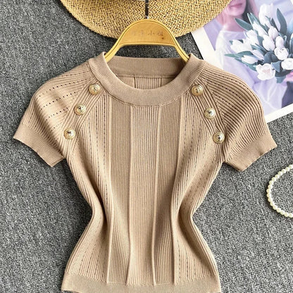 Knitted Gold Button Top for Women