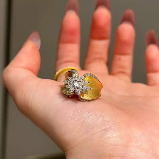 French Style Gold Zircon Ring - Retro Wire Craft Jewelry with Inlaid White Zircon, Gold Finish for Women
