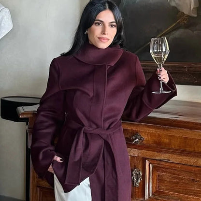 Burgundy Lace-Up Wool Coat - Stylish Women’s Wool Outerwear with Lace-Up Detail for Winter