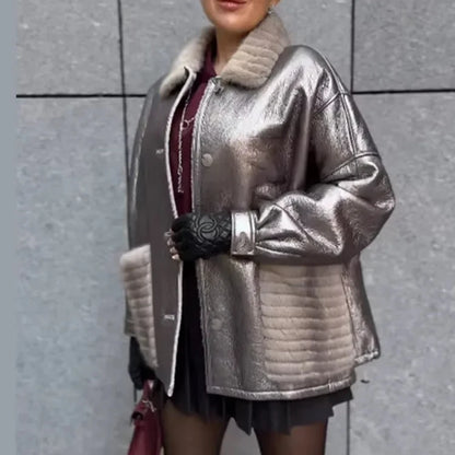 Shiny Fur Leather Coat for Women