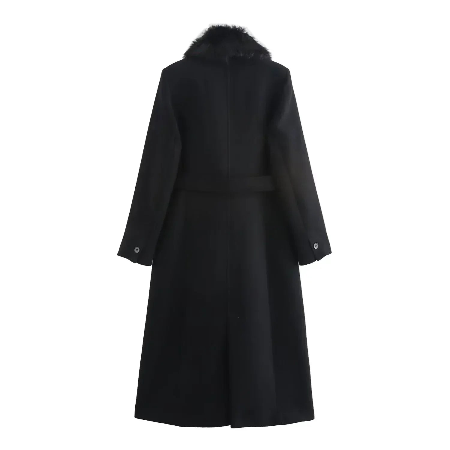 Elegant Wool Blend Long Coat - Faux Fur Collar, Belted French Chic Winter Overcoat for Women 2024